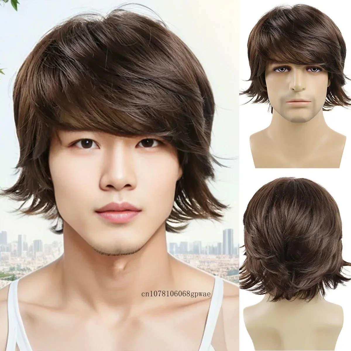 Peluca marrón para hombre, peluca de pelo corto sintético con flequillo, corte de pelo ondulado Natural, disfraz de Cosplay diario, peluca masculina transpirable para Halloween