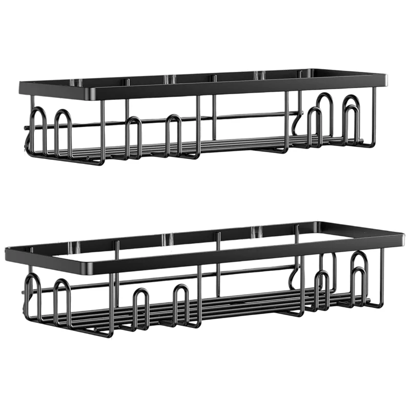 

LNHF Shower Organizer Rack With 16 Hooks, Stick-On Design- Black 2-Pack Bundle Included