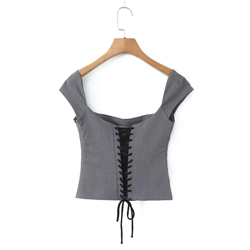 KUCLUT Women Fashion Chic Grey Crop Top Female Back Bandages Tie Square Collar Strap Tops Ladies Casual Tops