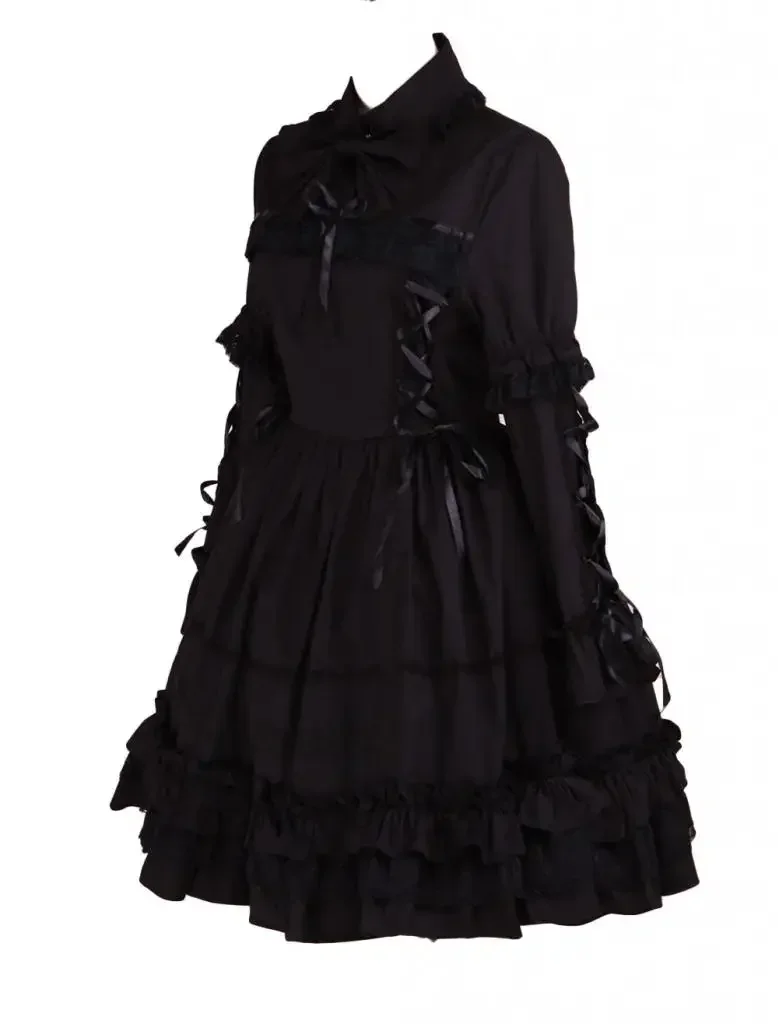 Womens Gothic Style Black Cotton Long Sleeves Court Lolita Dress Party Halloween