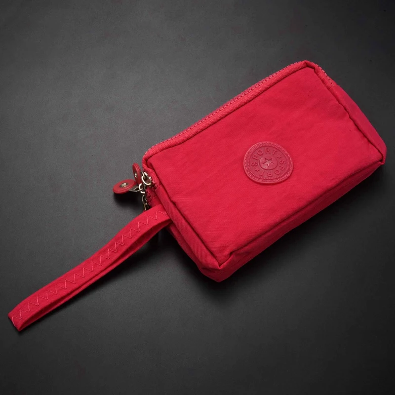 2X Women Small Wallet Washer Wrinkle Fabric Phone Purse Three Zippers Portable Make Up Bag Rose Red