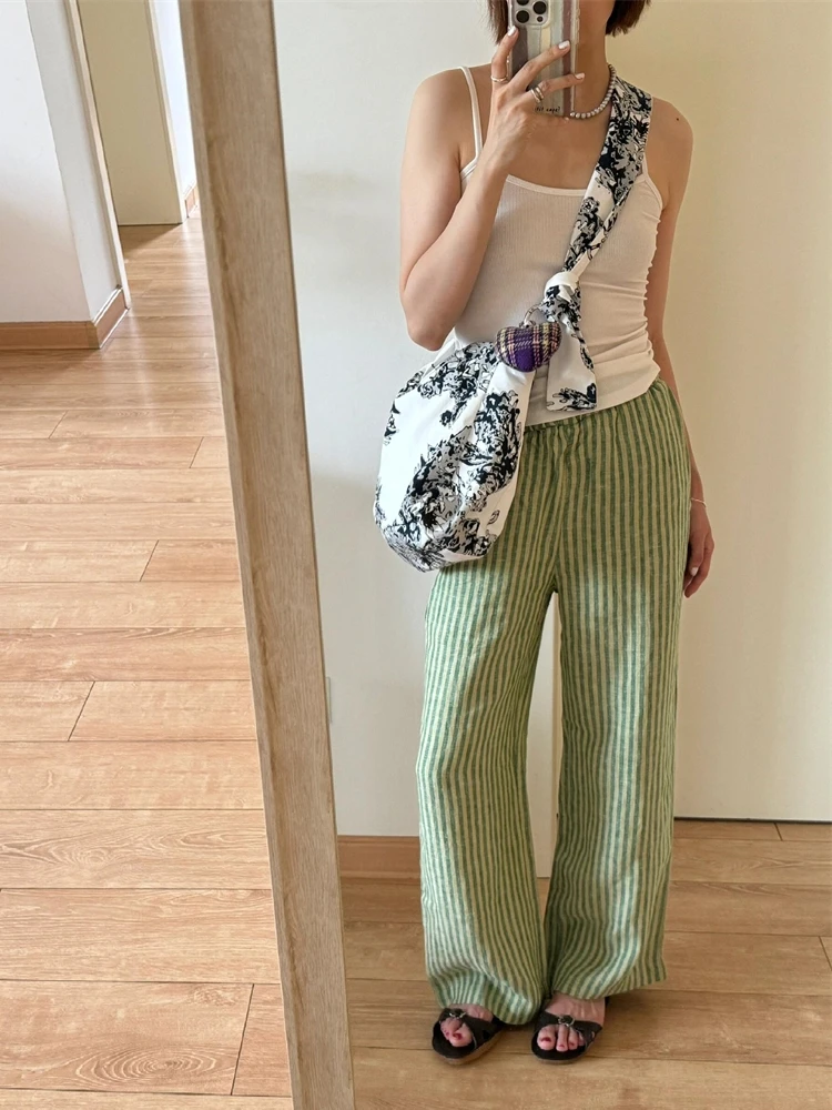 Recomendação de nível Chao! Design japonês Sensation Casual cor tecido linho listra calças de nove peças cintura elástica completa para...