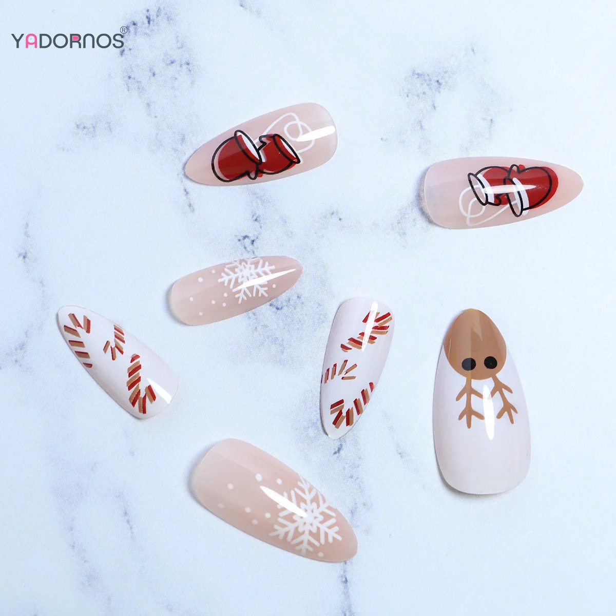 24 Uds. De puntas de uñas postizas de Color desnudo, guante de Navidad, patrón de copo de nieve, estampado, prensa en uñas, uñas postizas de almendra desmontables para Navidad DIY