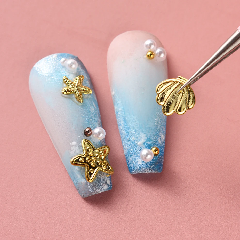 6Grids Luxury Nail Charms Ocean Shell Starfish Hawaii Design Gold Metal Jewelry Coconut Dolphin Figures Manicure Art Accessories