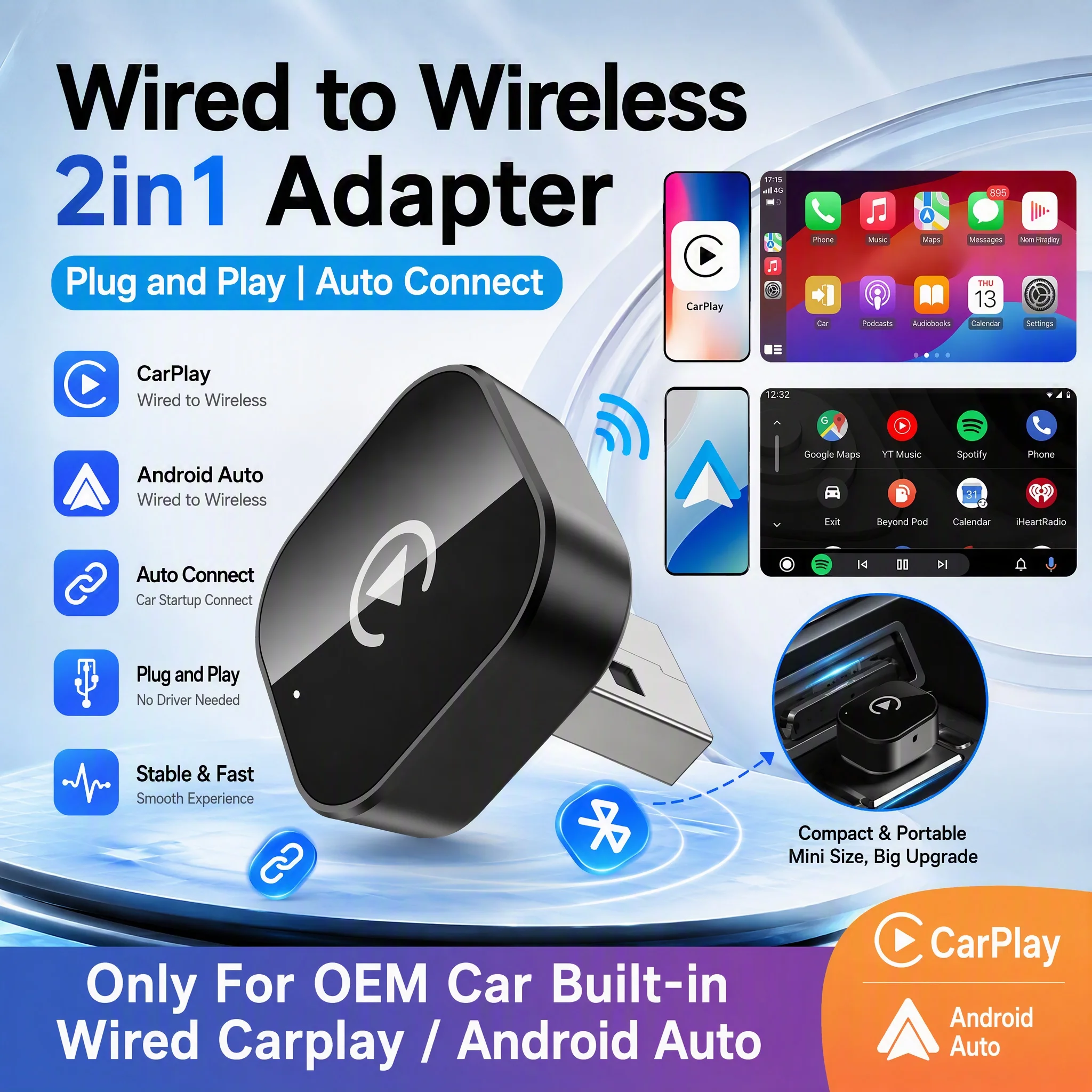 2026 Wireless CarPlay 2IN1 Android Auto SmartDongle Fast Auto-Connect Compact Plug & Play for iPhone/Android USB/USB-C No Delay