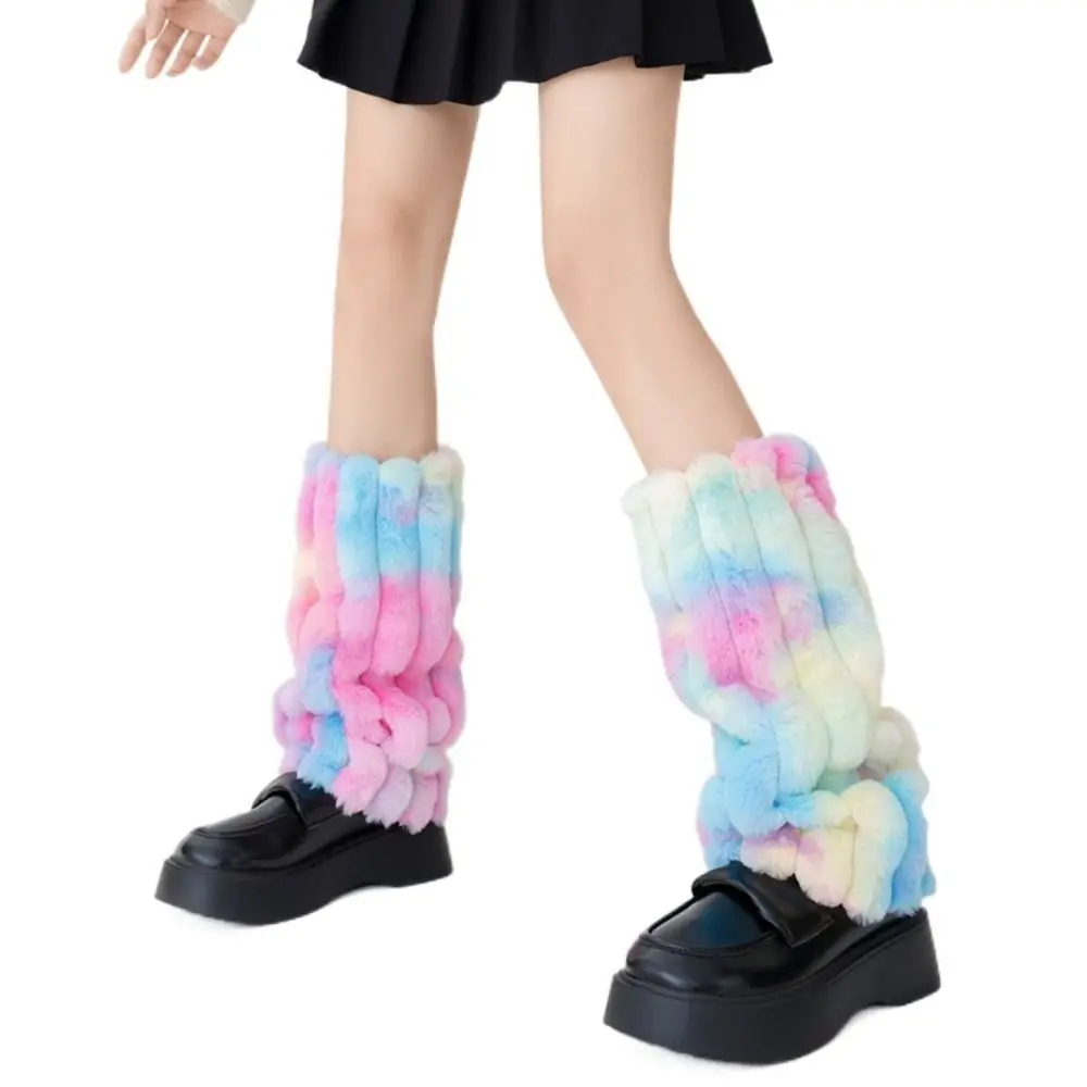 Japanese Style Stripe Plush Leg Warmer JK Lolitas Colorful Leg Warmers Y2k Harajuku Pile Socks Knitted Leg Cover 38/45CM