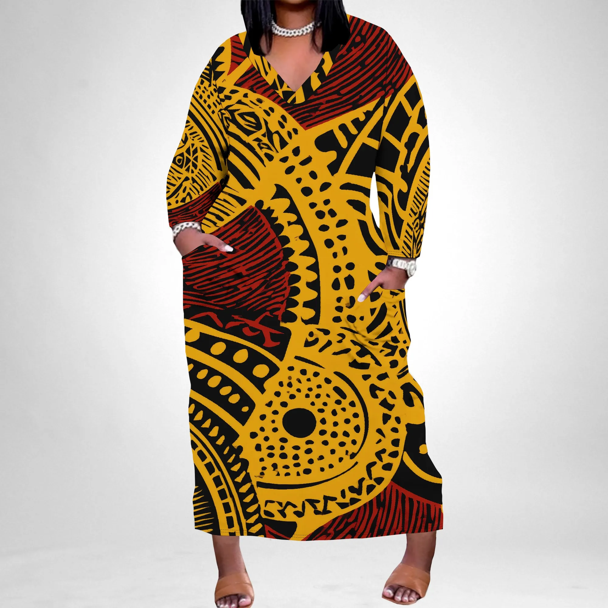

Nupusa Yellow Red Tribal Print Dress for Women Plus Size Casual V Neck Long Sleeve Maxi Dress