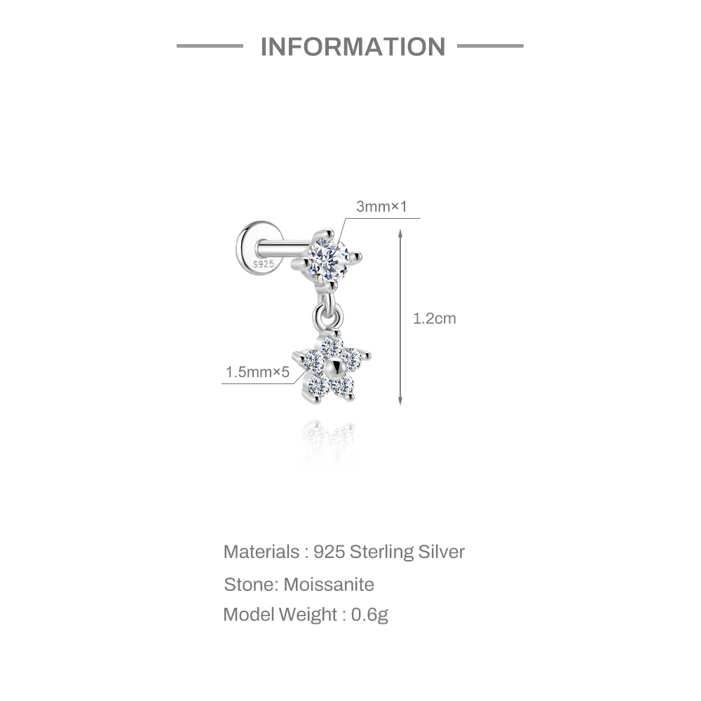 ROXI Moissanit 925 Sterling Silber Geometrischer Quasten-Ohrstecker für Damen, flacher Rücken, Helix-Blumenanhänger, edler Schmuck – Detail 28
