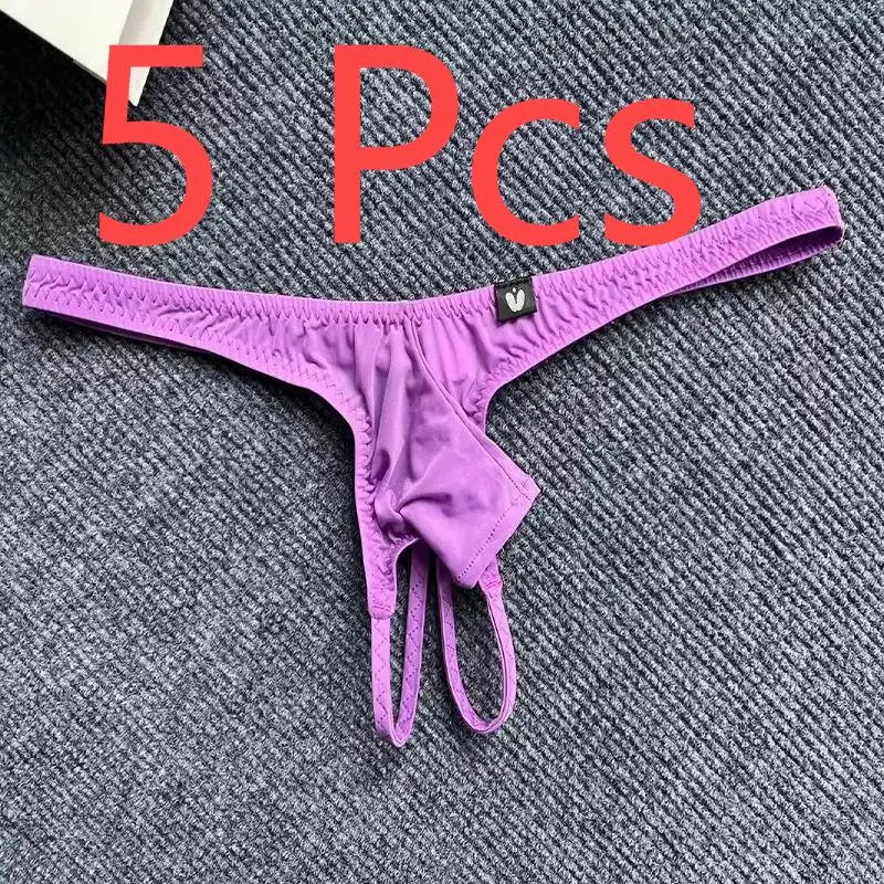 5 Pcs  Men\'s Sexy Low Waisted Thong With Short Elephant Trunk  Ice Silk Thin Cut Hollowed OutThin Straps Solid Color Underware