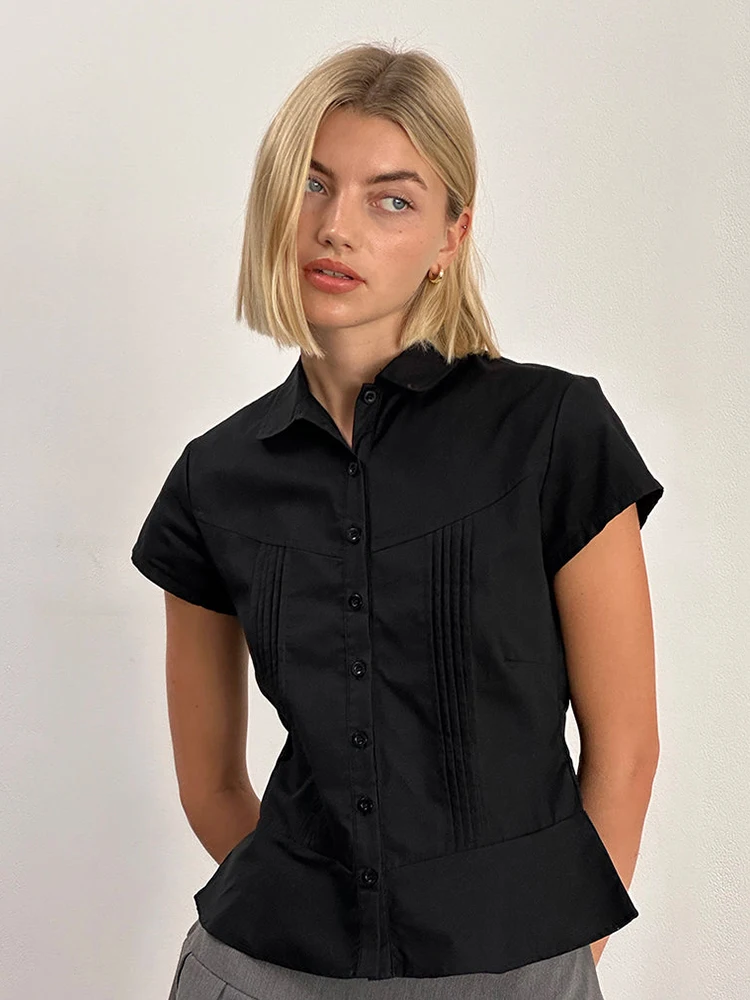 

Slim Fit American Sle irt Motel Top with Pleats And Stripes ort Sve Button up Women's Streetwear Summer irt