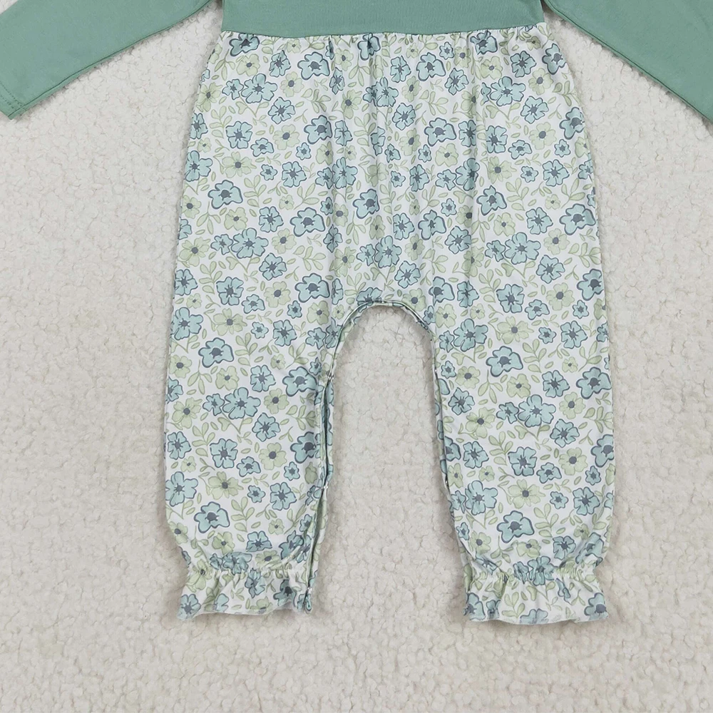 Baby Girls Green Long Sleeves Floral Ruffle Romper Pant Cute Infant Girl Outfit with Ruffle Detailing