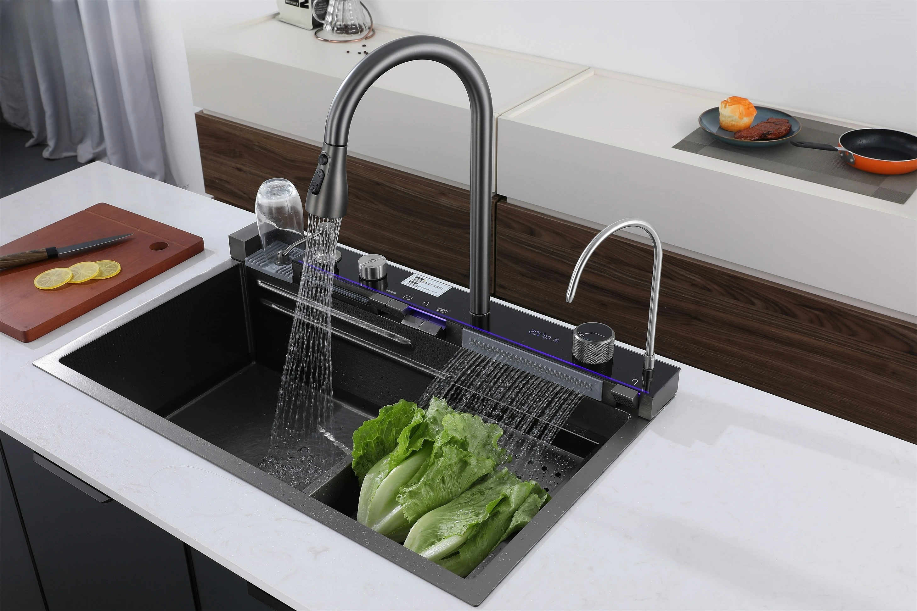 Black White  Digital Display Faucet Stainless Steel Single Bowl Bionic Farmhouse Ceramic Kitchen Sink