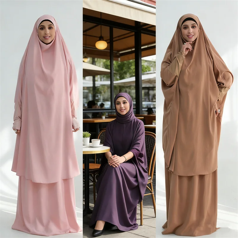 

Eid Djellaba Women Prayer Garment 2 Piece Set Abaya Dress Skirt Hijab Muslim Khimar Ramadan Kaftan Djellaba Modest Jalabiya Robe