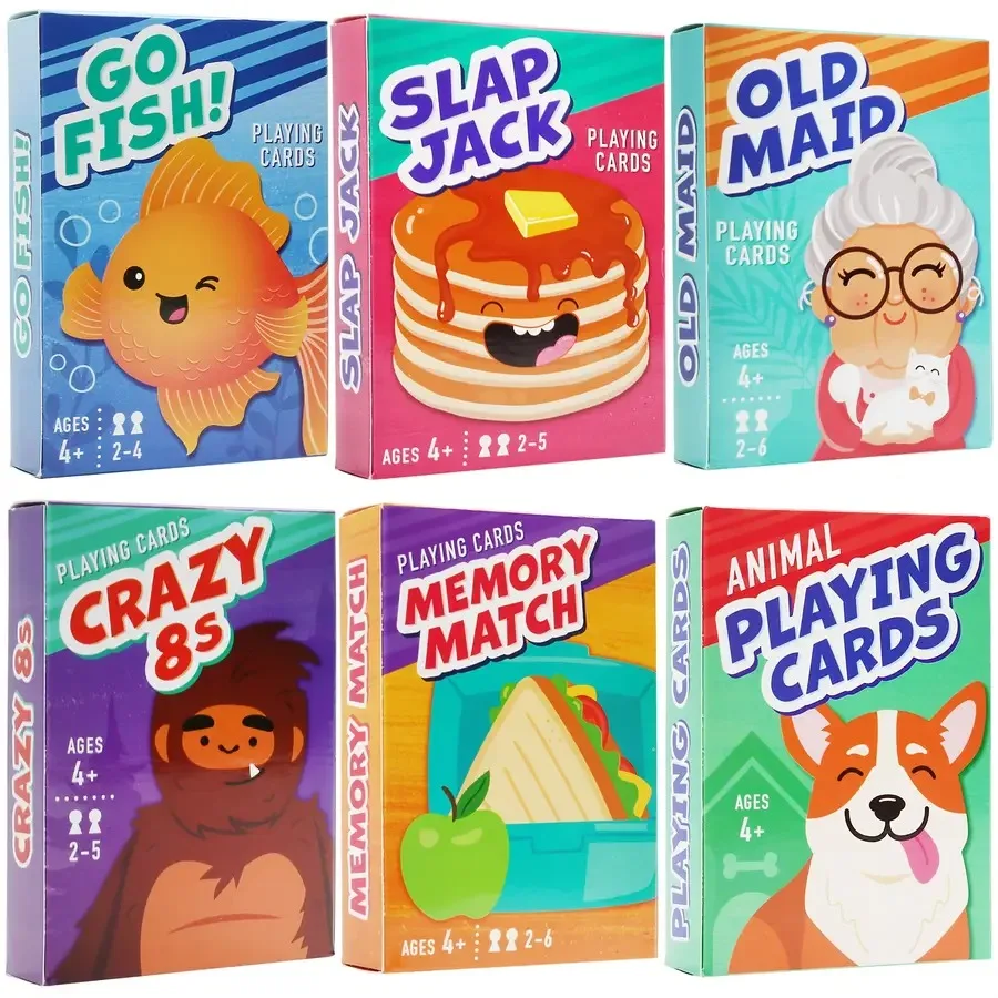 

6-in-1 Card Games with 6 Decks - Go Fish, Old Maid, Crazy Eights, Memory Match, Slap Jack and Animal Cards Birthday and Christm