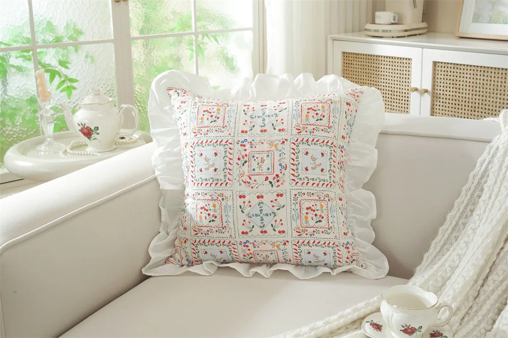 Französische Baumwoll-Kissenhülle, Rüschen-Design, bedruckt, Dekoration, Sofa-Kissenbezug, Kopfteil-Kissenbezüge, 30x50/45x45cm – Detail 20