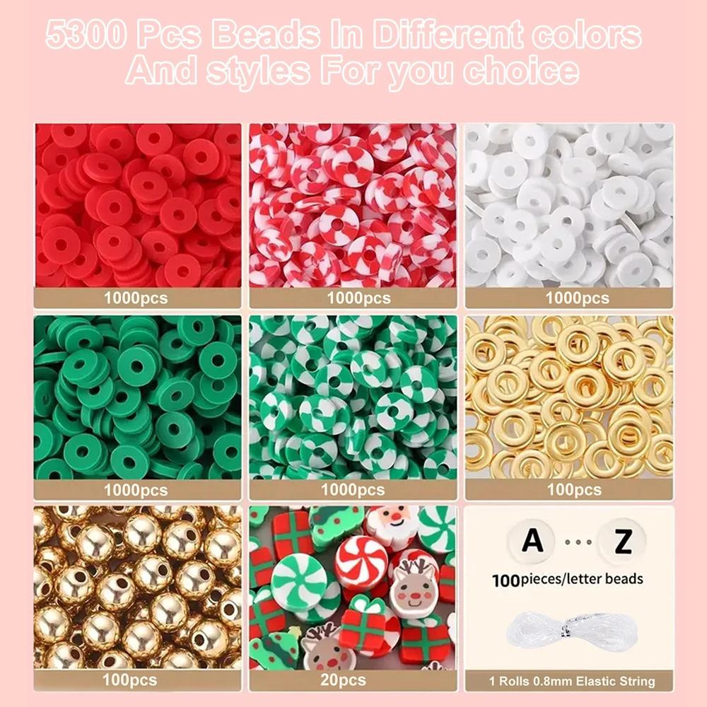 5300 pieces Christmas soft clay beads set, flat round and letter divider beads for DIY jewelry making, bracelets, necklace