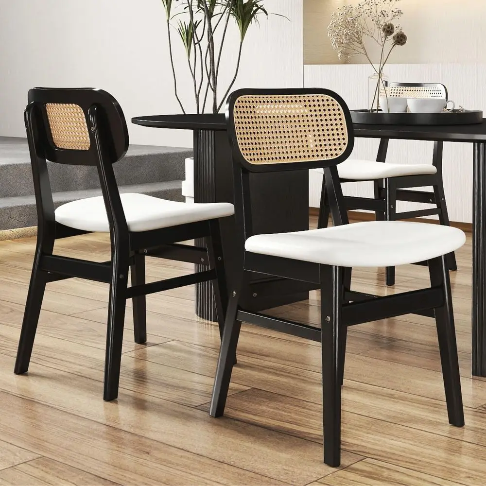 

Dining Chairs Set of 2 Black Linen Fabric Dining Room Chairs Natural Wooden Kitchen Chairs Farmhouse Boho