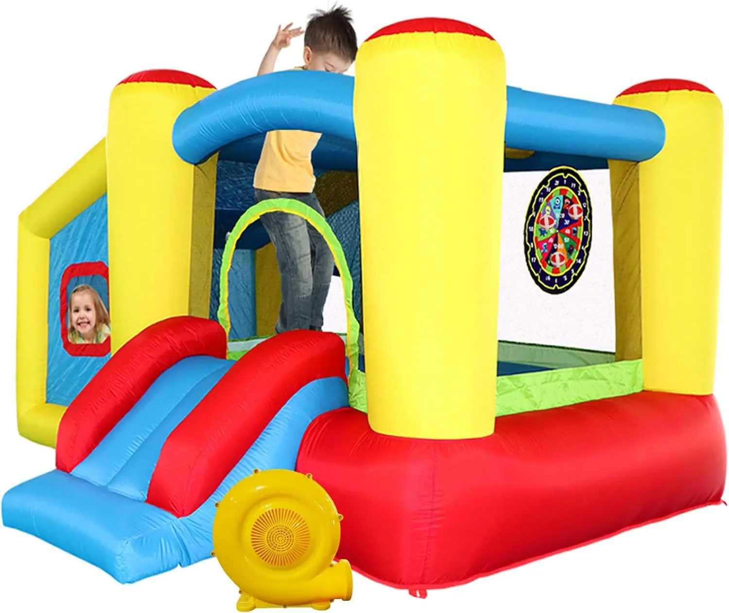 Casa de rebote inflable con soplador, tobogán de castillo para saltar, bóveda para niños con piscina de pelotas, llanta de baloncesto, juego de objetivo de dardos