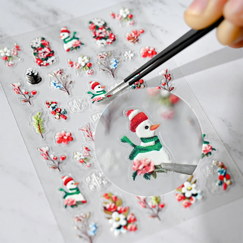 5D Christmas Snowman Nail Art Sticker Relief Self Adhesive Snowflake Leaves DIY Winter Decal Slider New Year Manicure Decoration