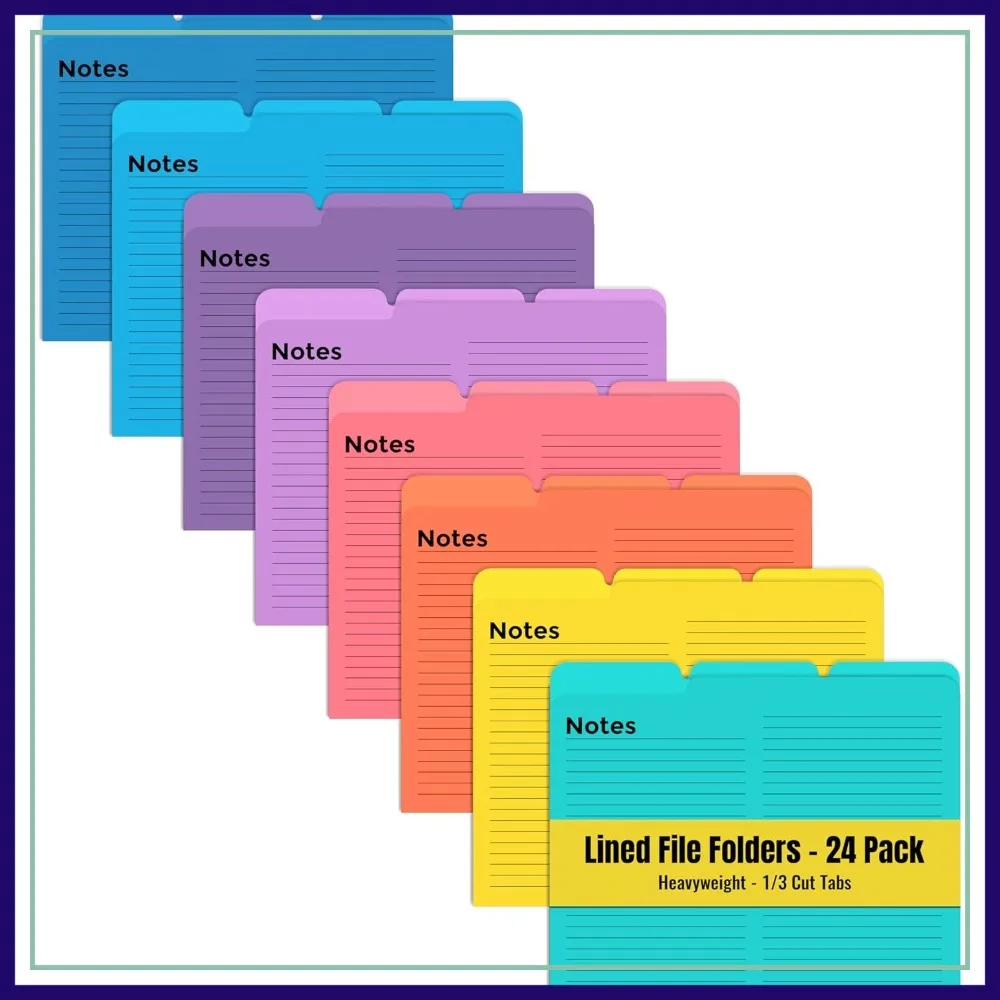 

24 Pack Lined File Folders, 1/3 Cut Tabs, 8 Vibrant Colors, Letter Size 9.5x11.5 Inches