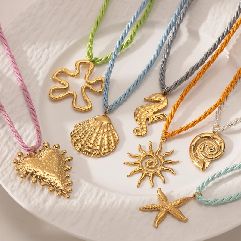 PRISCA | Colorful Rope Shell Pendant Necklace Stainless Steel Women Summer Chic Jewelry 18k Gold Stylish Wholesale