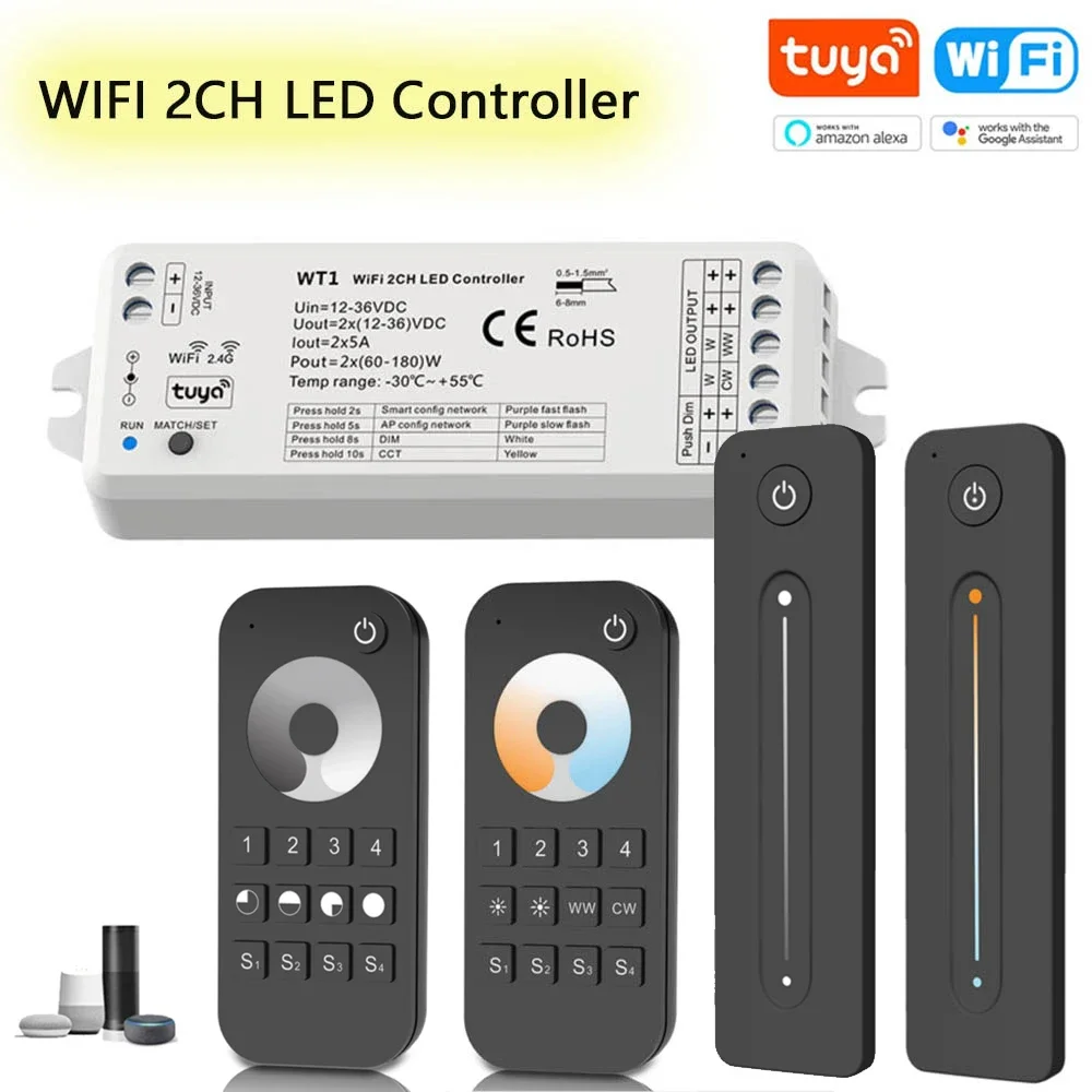 Atenuador de luz LED inalámbrico, interruptor de atenuación remota, controlador WT1 para Alexa, Tuya, Wifi, 2 canales, 12V, 24V, 36V, CC, 2,4G, RF,