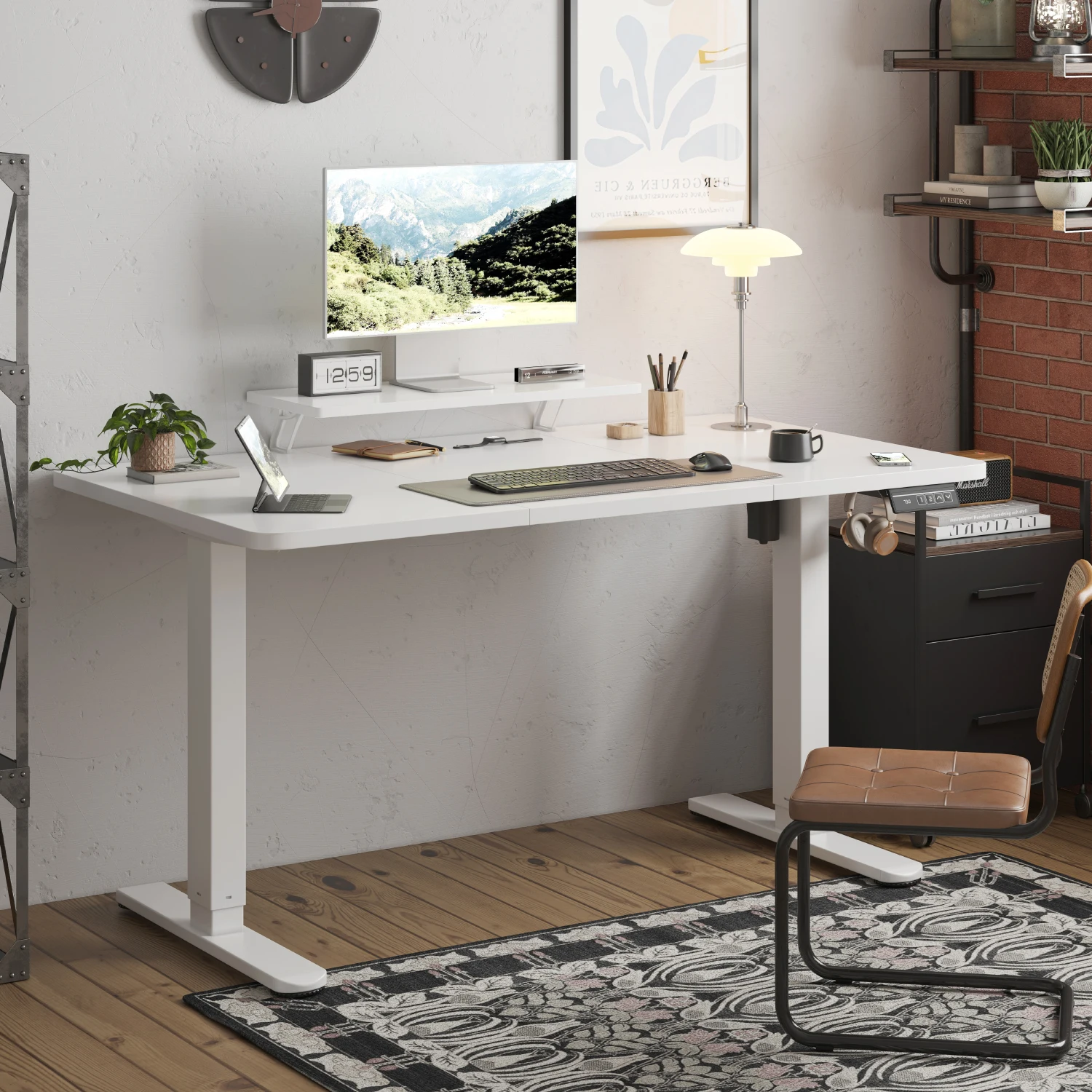 Devoko Bureau électrique réglable en hauteur 160 × 70 cm avec support pour moniteur Siège ergonomique Bureau debout (Blanc)