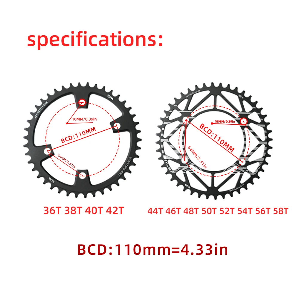 VXM 110BCD Road Bike  4 Bolt Chainring 36T-58T Single Disc Positive And Negative Teeth For Shimano R7000 R8000 Sprocket Crankset