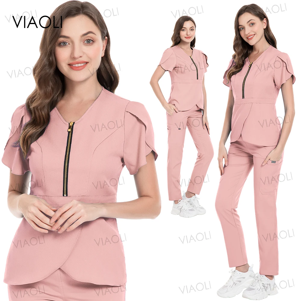 Medical Scrub Set Beauty Hospital Surgical Uniforms Women Scrub Tops Pants Nurses Accessories Dental Clinic Pet Workwear Clothes