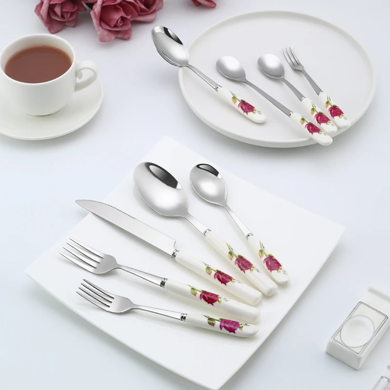 Ceramic Handle Tableware Set Stainless Steel Cutlery Set Steak Knife Fork Coffee Spoon Dessert Dinnerware Rose Flowers Pattern