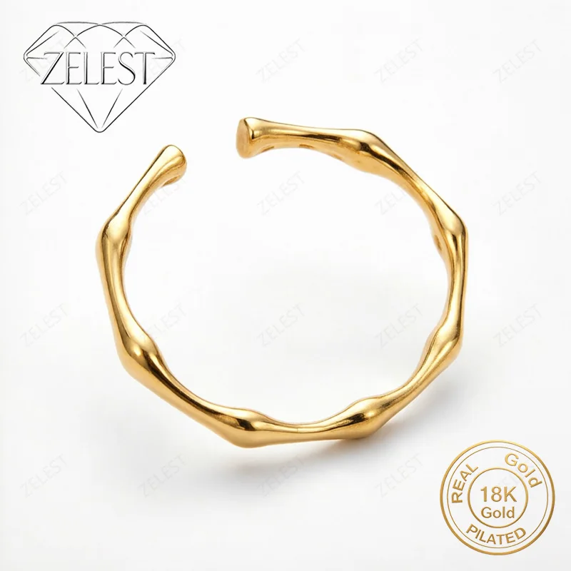 925 Sterling Silver 18K Gold Plated Exquisite Hammered Open Bangle for Women, Fashionable Wedding Party Jewelry