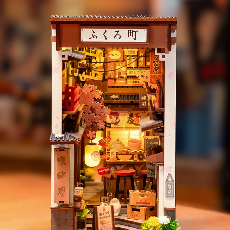 Robotime Book Nook ชุด SAKURA Wine Alley พร้อมฝาครอบกันฝุ่น DIY Miniature บ้านตุ๊กตาชุด 3D ปริศนาไม้ Bookend ชั้นวางหนังสือของขวัญ