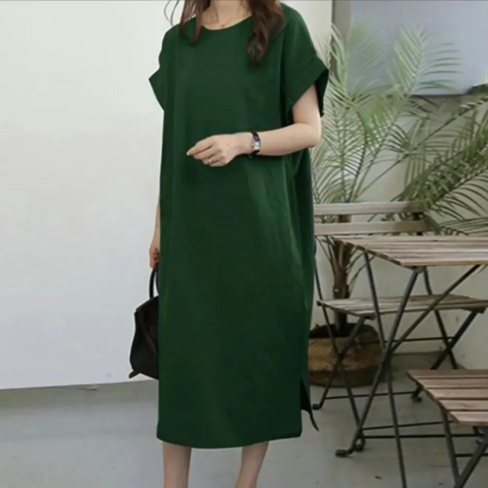 

Round Neck Dress Stylish Plus Size Women's Summer Midi Dress with Side Split Hem Breathable Fabric for Casual Travel Wear Short