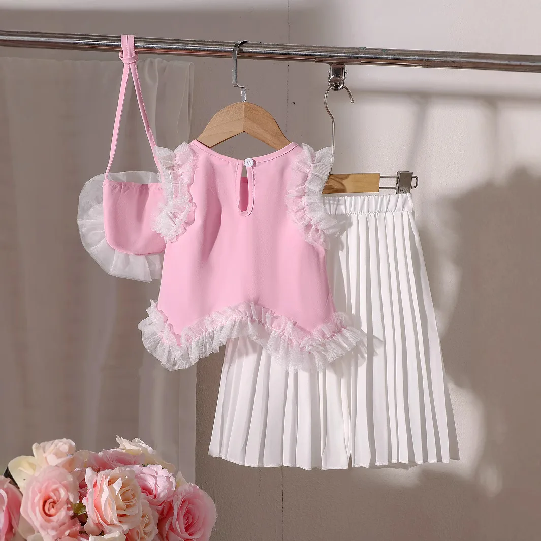 Summer New Baby Girls' Suit Solid Color Lace Vest with Pants Hanging Bag Kids Fashion Three Piece Set