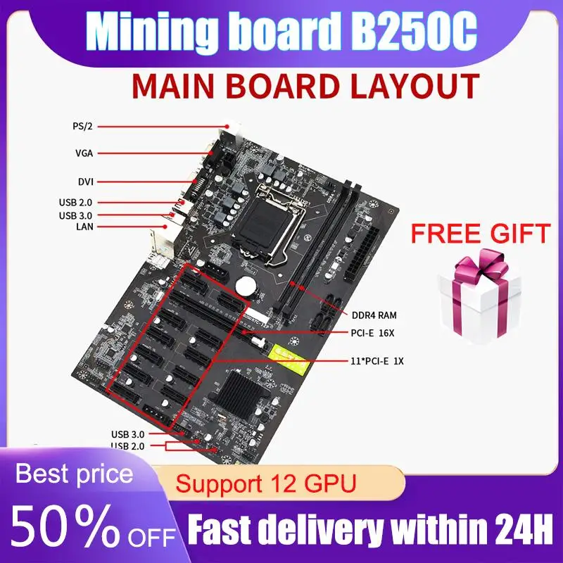 Go! B250 Mining Motherboard Expert 12 PCIE Miner Rig BTC ETH Mining Motherboard For Asus LGA1151 USB3.0 SATA3 Intel DDR4 Video