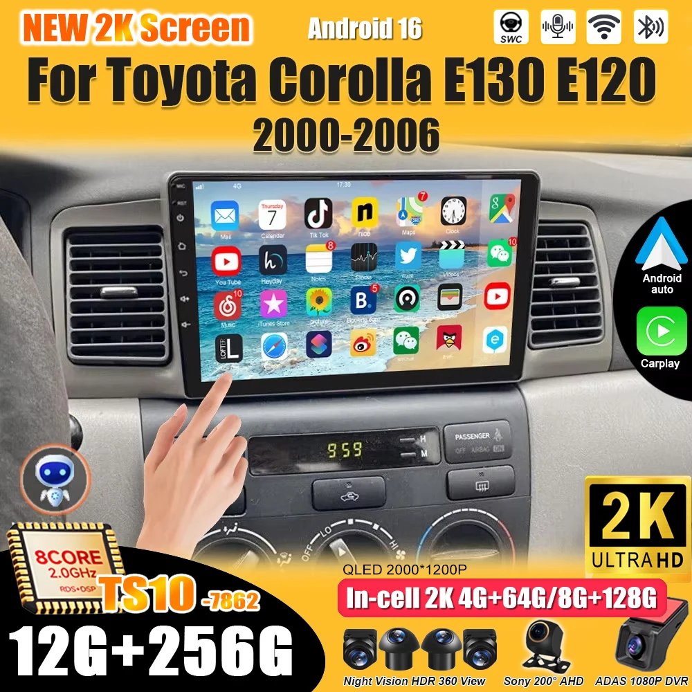 Para Toyota Corolla E130 E120 2000-2006 Reprodutor de Vídeo Multimídia Android 16 com Tela Touch Carplay RDS 8 Core 5G Bluetooth 2din DSP