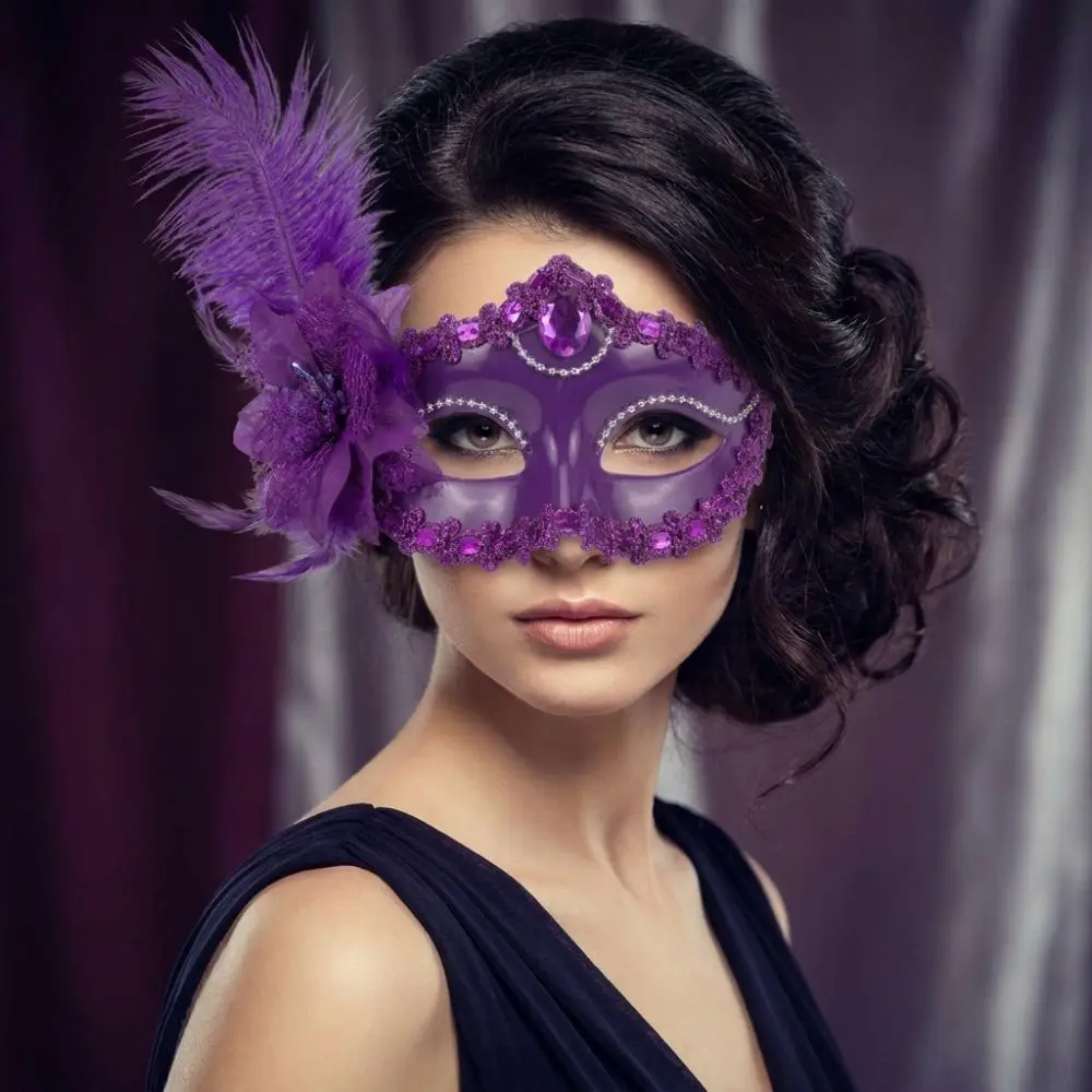 Creative Rhinestone Half-Face Mask Flower Seductive Style Feather Mask Cosplay Multicolor Masquerade Ball Mask Girl