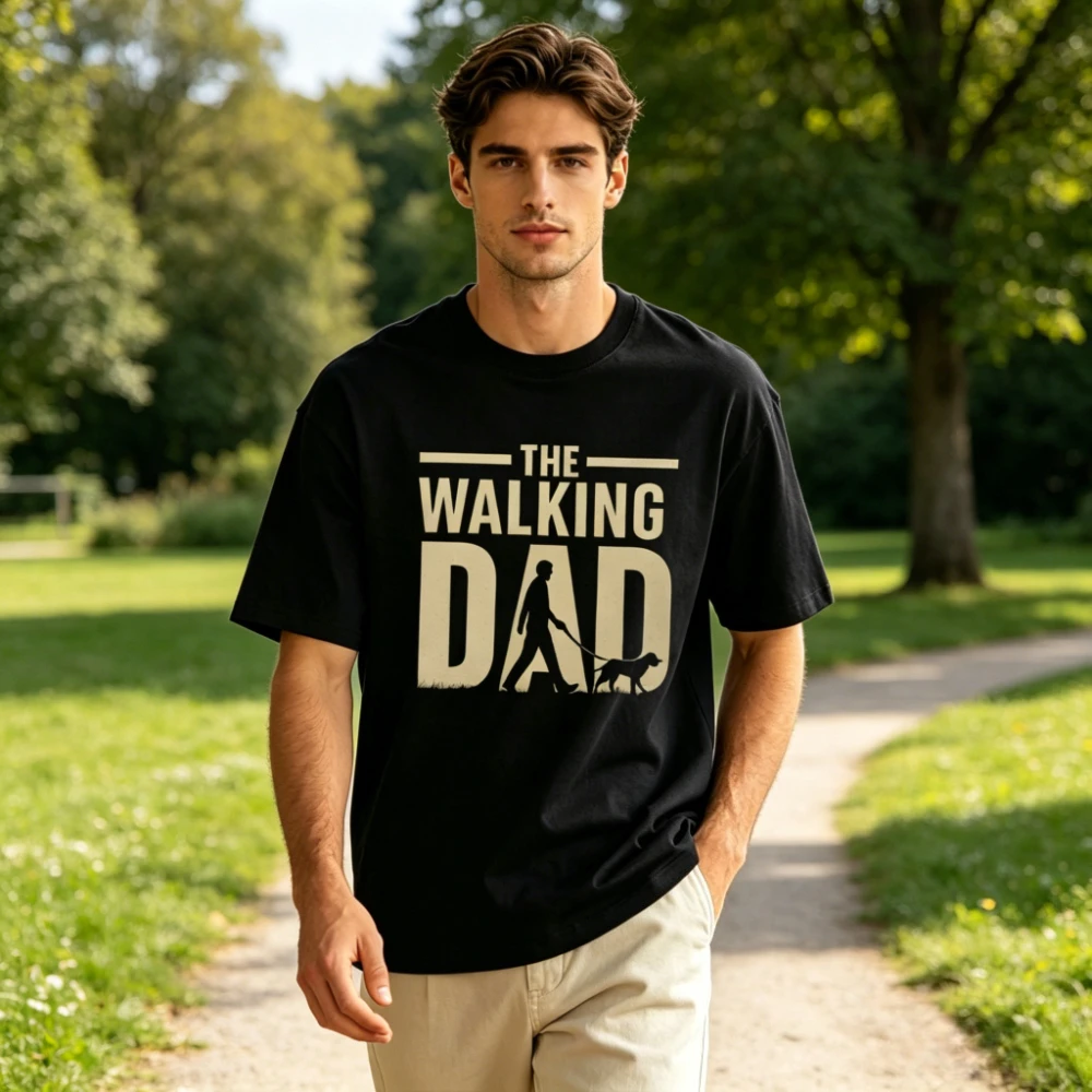 Dog Dad Silhouette The Walking Dad Tee Funny Dog Dad Aesthetic Father’s Day Gift Apparel Men Crewneck Cotton Short Sleeve