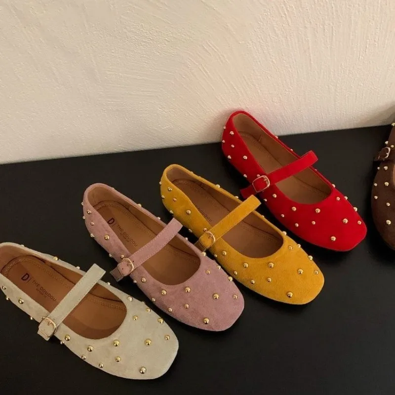 Rivet Red Marie-Jane New Spring/Summer 2025 Square Toe Shallow Toe Single Shoe Flat Bottom One-strap Single Shoe