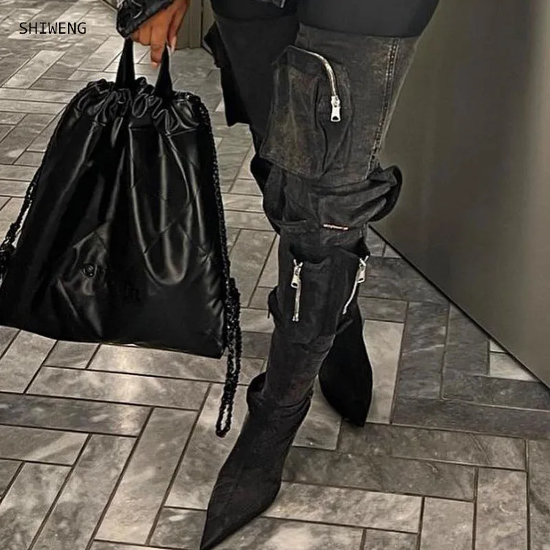 

New Women Black Denim Jeans Pointed Toe Pocket Design Long Strap Thin Heels Over The Knee Boots Street Style Long Boots Shoes