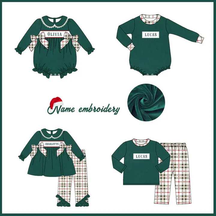 

Ropa Girl And Baby Boy New Cotton Customizable Name Styles Presale Models Christmas Green Romper Sets Lattice Flannel Clothes