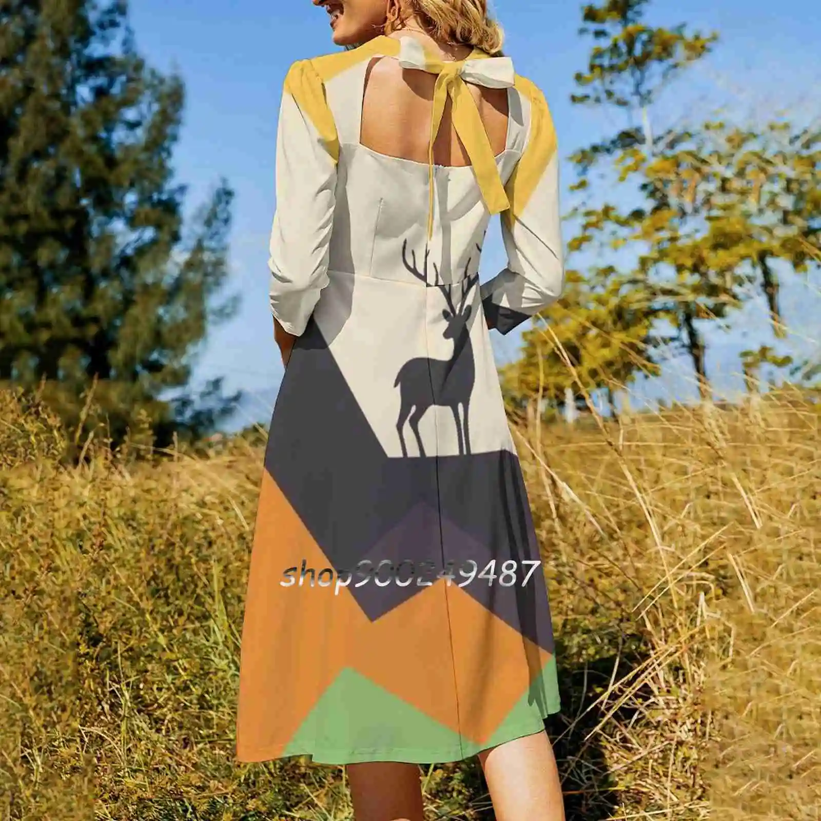 Deer Square Neck Dress Sweet Summer Dress Women Elegant Halter Print Dress Deer Reindeer Landscape Nature Season Sun Mountain