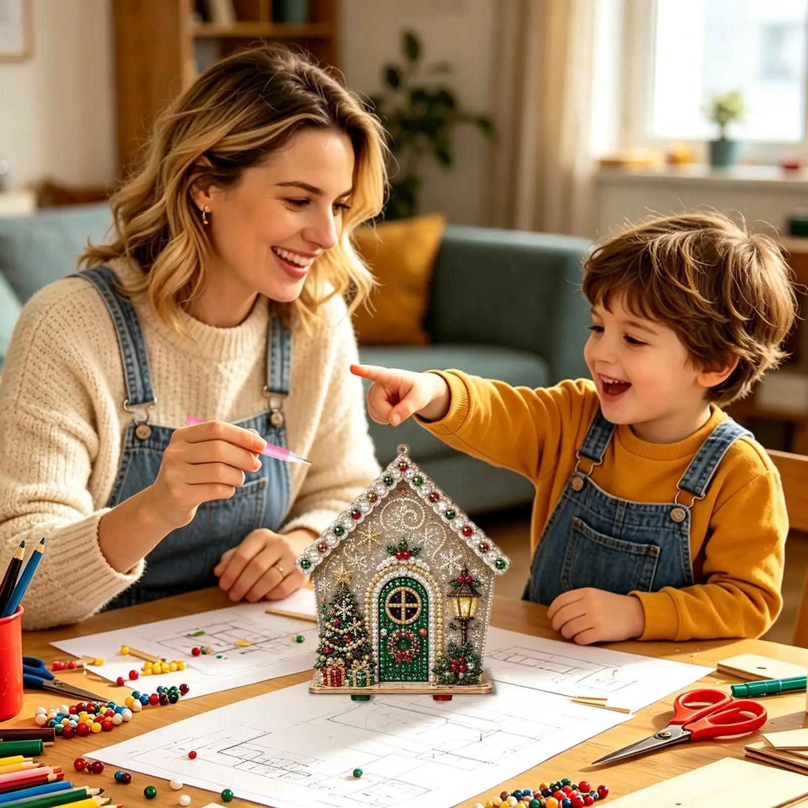Christmas House Rhinestone Painting Crafting Display Decor Beginners-Friendly Project Pearl Christmas Cottage Making Kit For