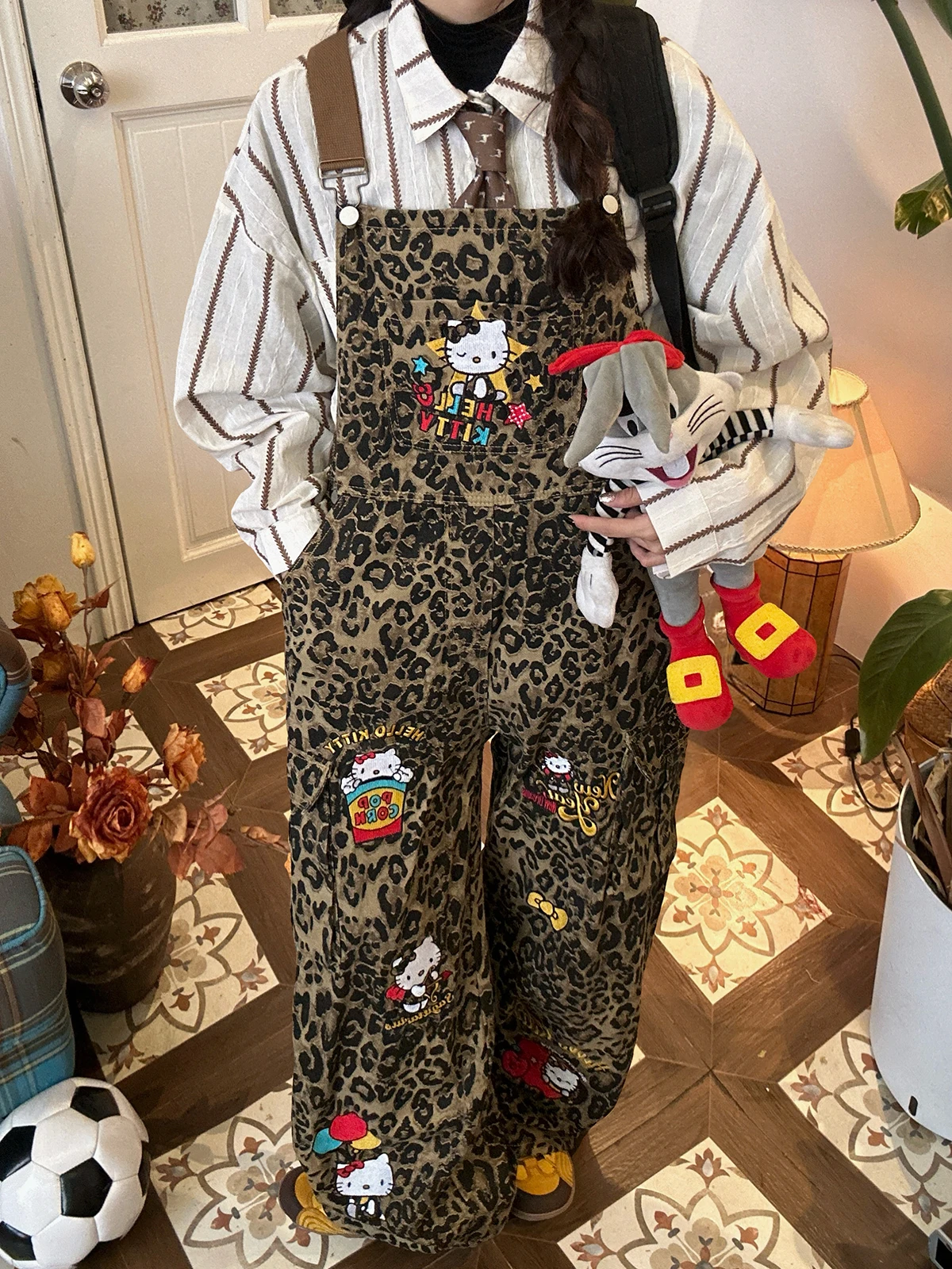 

Модные свободные прямые джинсовые комбинезоны с леопардовым принтом, женские осенние новые длинные брюки, повседневные удобные модные брюки