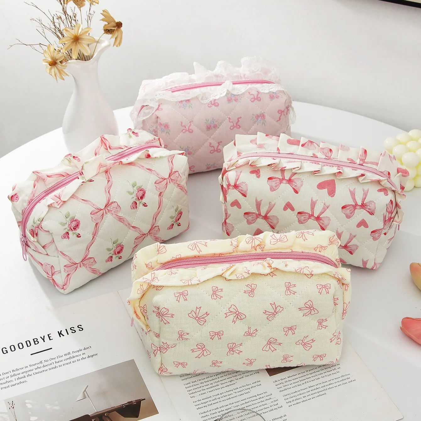 Ruffled Edge Bowknot Floral Print Makeup Bag Large Capacity Quilting Pen Bag Women Cosmetic Storage Bag Travel Wash Bag Clutch