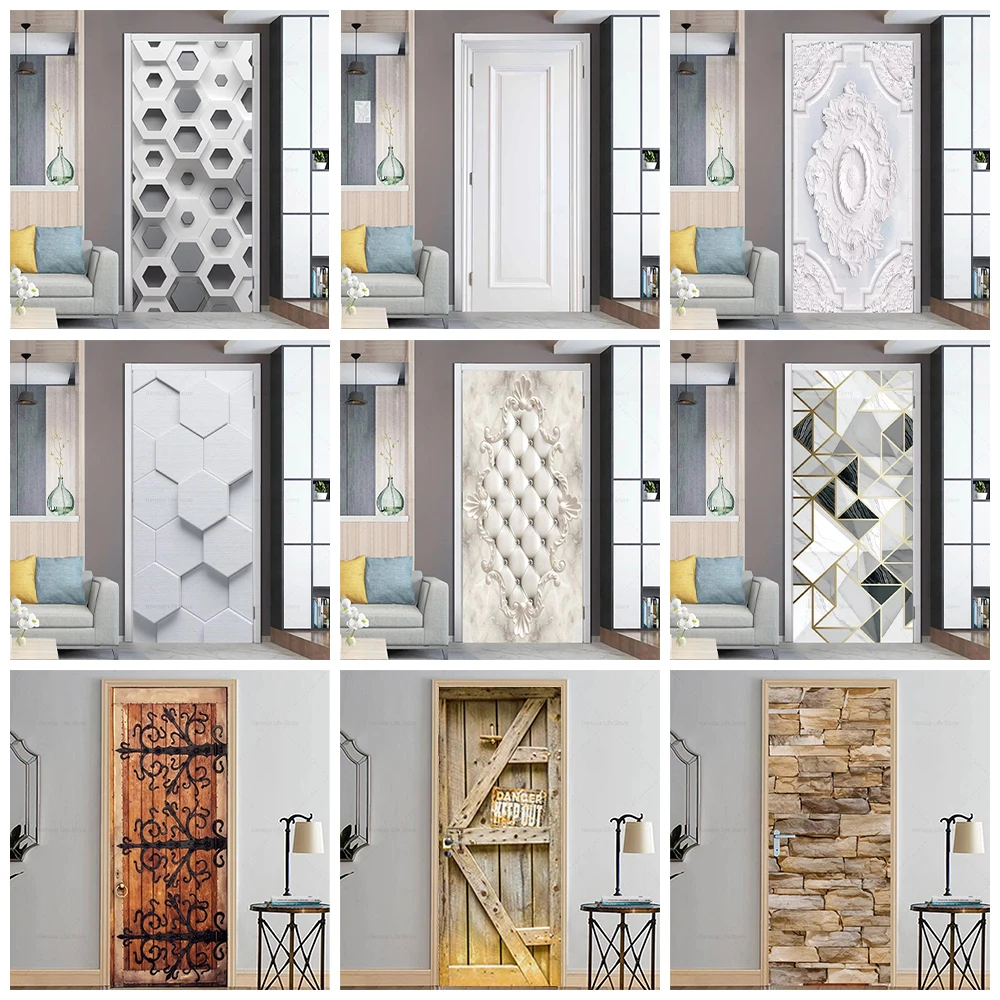 

Fashion White Gray Door Design Decoration Wallpaper Removable White Line Abstract Geometric Door Art Sticker