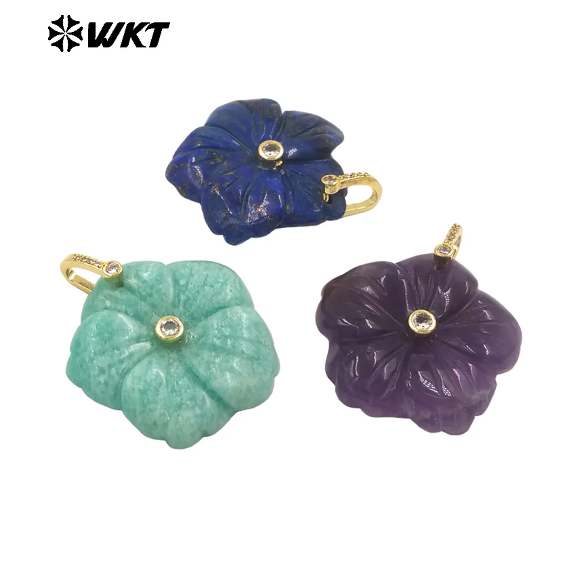 WT-P2029 Vividly Flower Shape Charms Colorful Gemstone Crystal Labradorite Stone With Zircon Paved Fine Pendant