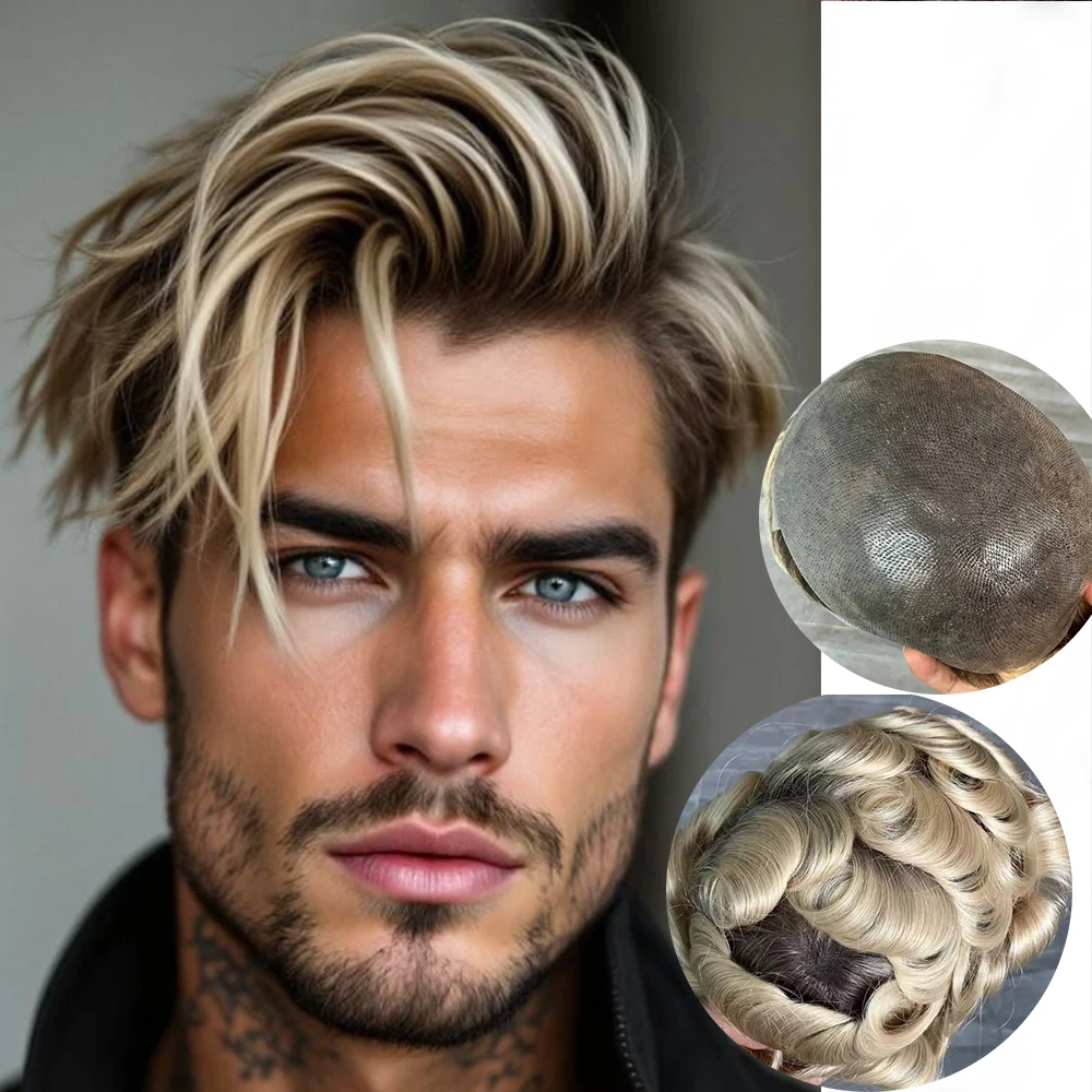4t/613 # Ombre-Blond-Braun Echthaar-Perücke für Männer, Haarersatzsystem mit Natürlichem Haaransatz, Langlebig, Dünne 0,06mm Haut, Herren-Toupet – Detail 1