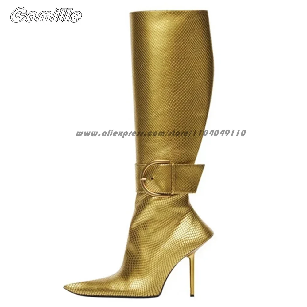 Solid Big Belt Buckle Strap Sexy Stiletto High Heels Square Toe Catwalk Style Knee High Modren Boots Size 35-42 Lady Grace Boots