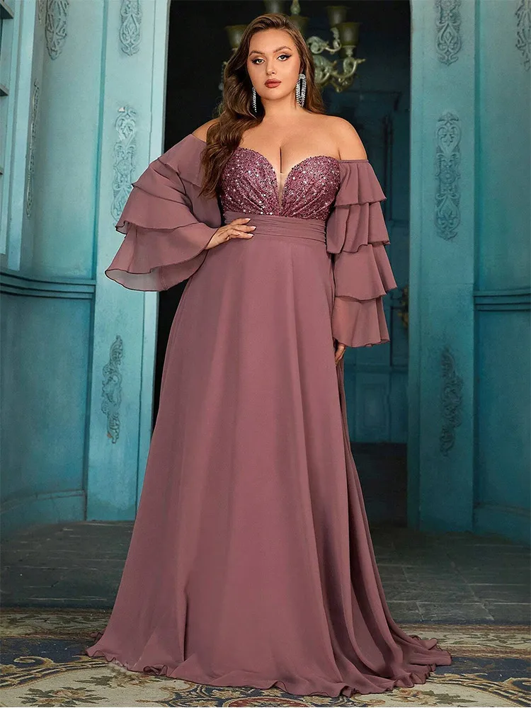 Plus Size Off Shoulder Chiffon Sparkling Evening Gown 4XL 5XL Big Size Chiffon Floor Standing Evening Gown for Women 2024